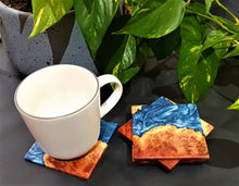 Load image into Gallery viewer, 4 x Mallee burl and Steel blue resin coasters