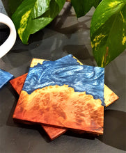 Load image into Gallery viewer, 4 x Mallee burl and Steel blue resin coasters