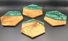 Load image into Gallery viewer, Hexagon Olive wood and dark green resin coasters - Set of 4
