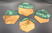 Load image into Gallery viewer, Hexagon Olive wood and dark green resin coasters - Set of 4
