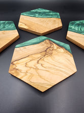 Load image into Gallery viewer, Hexagon Olive wood and dark green resin coasters - Set of 4
