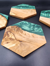 Load image into Gallery viewer, Hexagon Olive wood and dark green resin coasters - Set of 4
