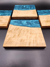 Load image into Gallery viewer, Olive wood and turquoise set of 4 coasters.
