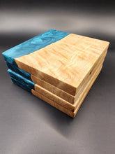 Load image into Gallery viewer, Olive wood and turquoise set of 4 coasters.
