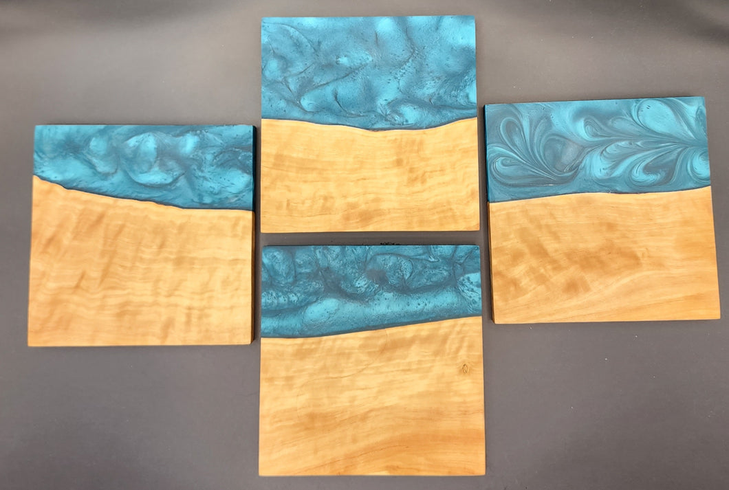 Olive wood and turquoise set of 4 coasters.